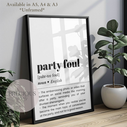 Party Foul Definition Funny Poster / Funny Kitchen pub poster / Funny Alcohol Poster