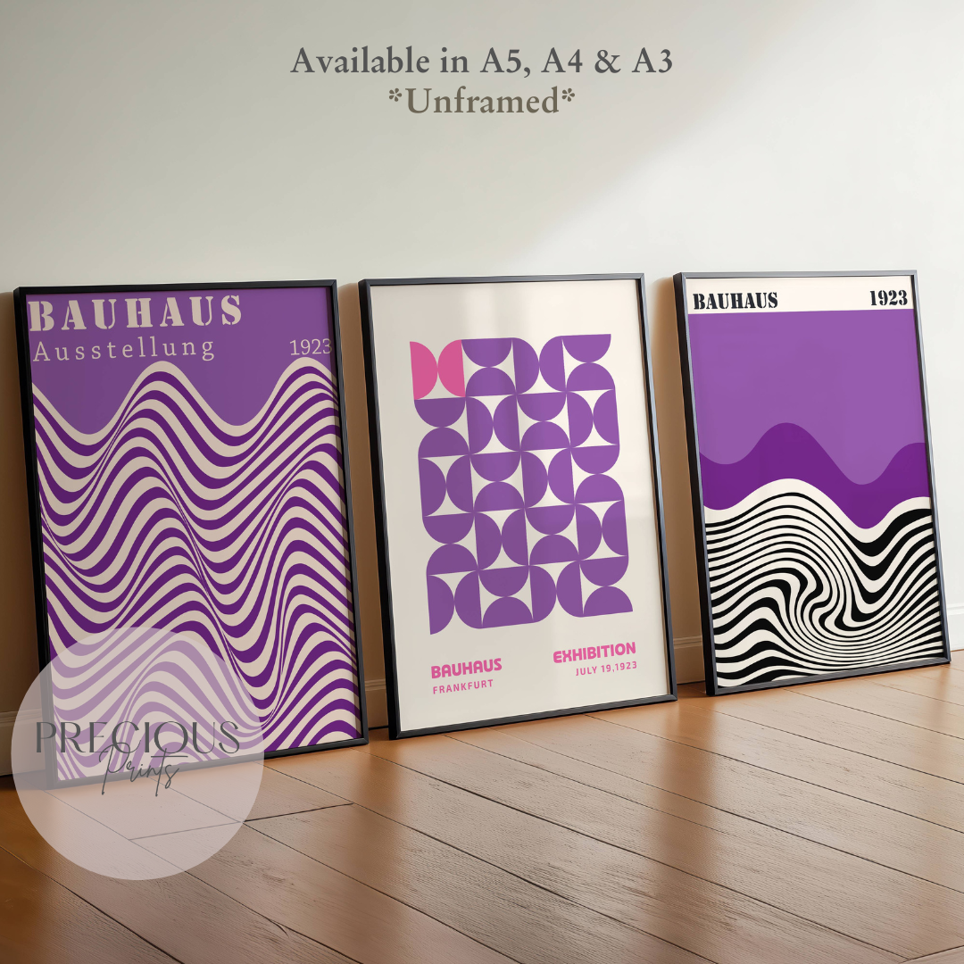 Set of 3 Bauhaus Prints A5 A4 A3 Art Exhibition Purple Trendy Preppy Poster