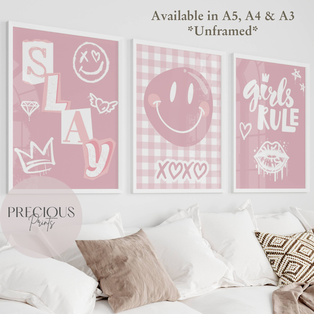 Set of 3 Pink Preppy Prints / Pink Slay Poster / Trendy Wall Art / Unframed