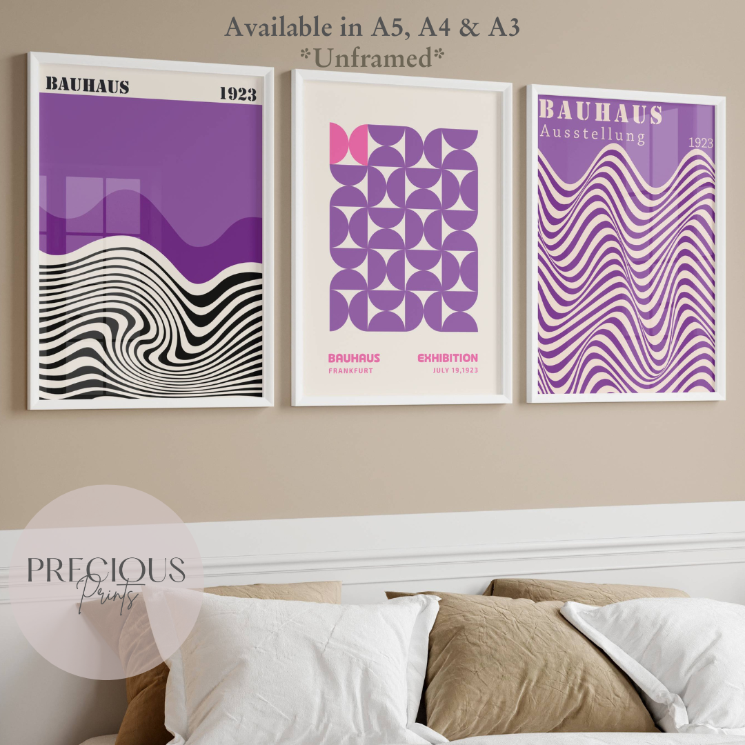 Set of 3 Bauhaus Prints A5 A4 A3 Art Exhibition Purple Trendy Preppy Poster