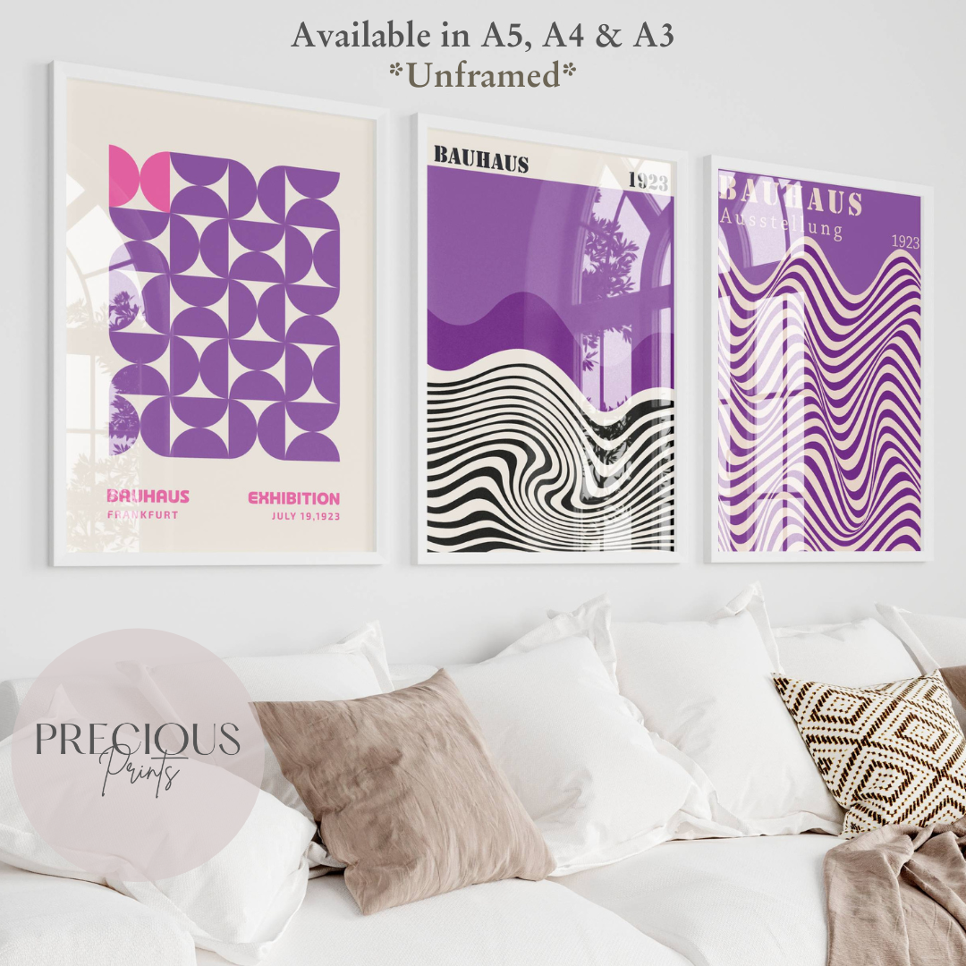 Set of 3 Bauhaus Prints A5 A4 A3 Art Exhibition Purple Trendy Preppy Poster