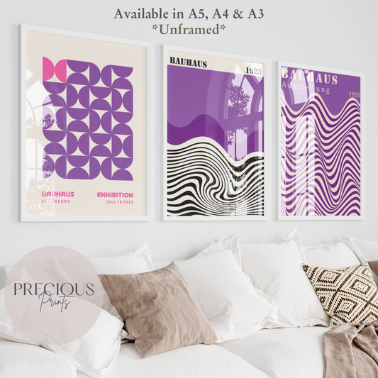 Set of 3 Bauhaus Prints A5 A4 A3 Art Exhibition Purple Trendy Preppy Poster