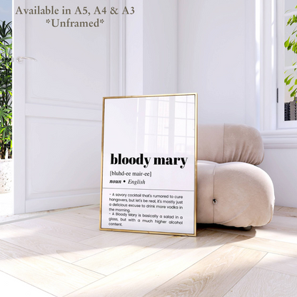 Bloody Mary Definition Funny Poster / Funny Kitchen pub poster / Funny Alcohol Poster