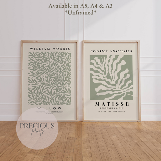 Set of 2 Matisse & William Morris 'Willow' Prints A5 A4 A3 Art Exhibition Sage Green Poster