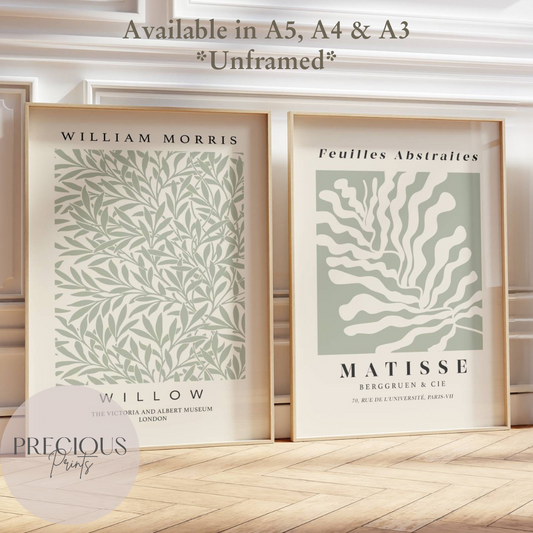 Set of 2 Matisse & William Morris 'Willow' Prints A5 A4 A3 Art Exhibition Sage Green Poster