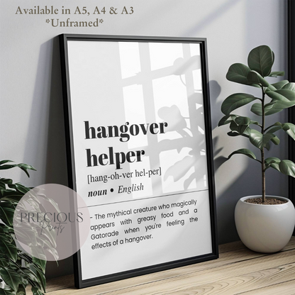 Hang over helper Definition Funny Poster / Funny Kitchen pub poster / Funny Alcohol Poster