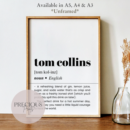 Tom Collins Definition Funny Poster / Funny Kitchen pub poster / Funny Alcohol Poster