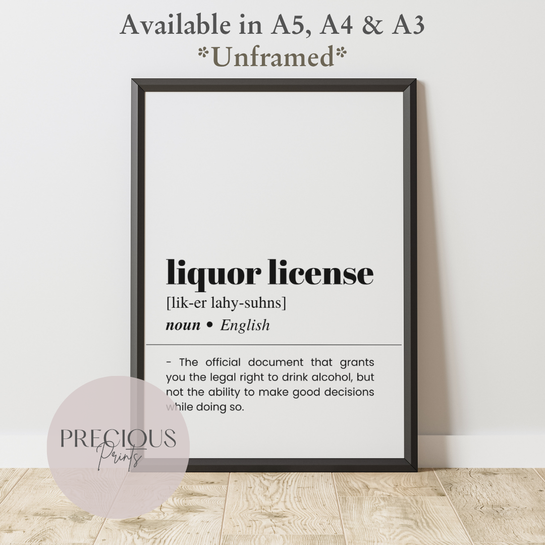 Liquor License Definition Funny Poster / Funny Kitchen pub poster / Funny Alcohol Poster