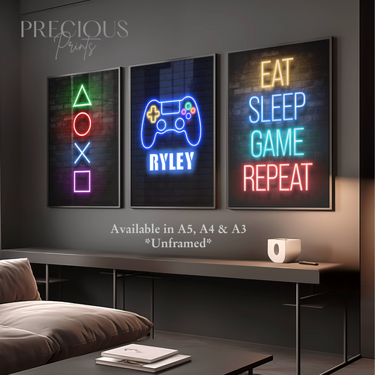 Set of 3 Personalised Neon Gamer Prints