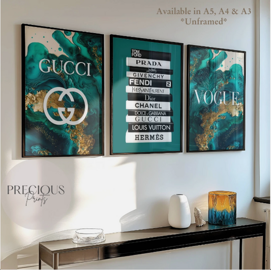 Set of 3 Teal Green & Gold Fashion Designer Prints Gucci Vogue A5 A4 A3