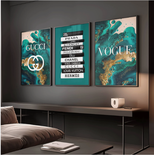 Set of 3 Teal Green & Gold Fashion Designer Prints Gucci Vogue A5 A4 A3