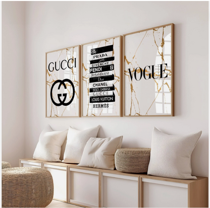 Set of 3 White & Gold Fashion Designer Prints Gucci Vogue A5 A4 A3