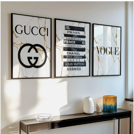 Set of 3 White & Gold Fashion Designer Prints Gucci Vogue A5 A4 A3