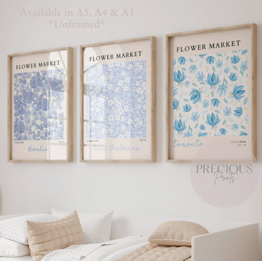 Set of 3 Blue Flower Market Prints