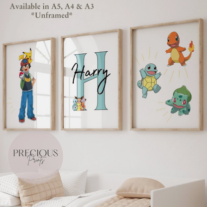 Set of 3 Childrens Personalised Pokemon Bedroom Print / A5 A4 A3