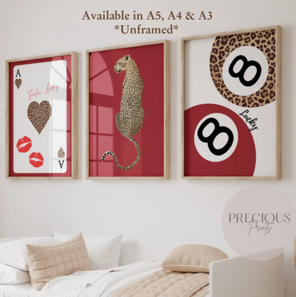 Set of 3 Red Trendy Preppy Prints Cheetah Leopard Eclectic Wall Art