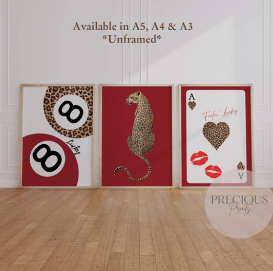 Set of 3 Red Trendy Preppy Prints Cheetah Leopard Eclectic Wall Art