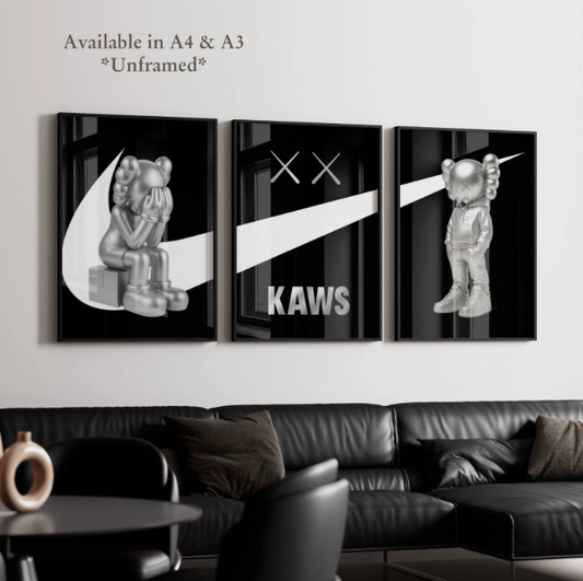 Set of 3 Silver & Black Kaws Nike Prints