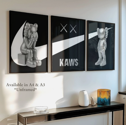 Set of 3 Silver & Black Kaws Nike Prints