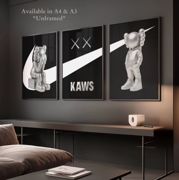 Set of 3 Silver & Black Kaws Nike Prints