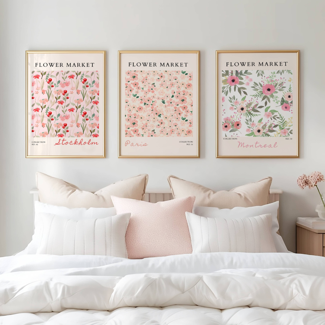 Set of 3 Pink Flower Market Prints