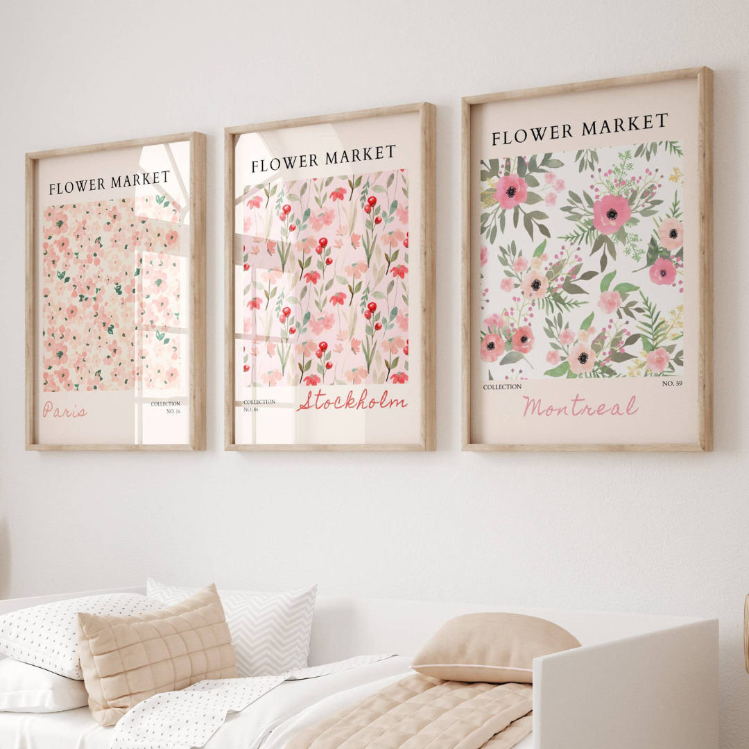 Set of 3 Pink Flower Market Prints