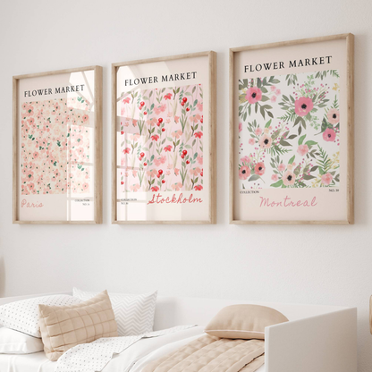 Set of 3 Pink Flower Market Prints