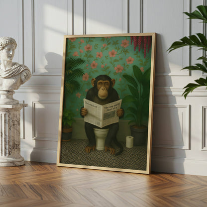 Chimp Reading a Newspaper on the Toilet